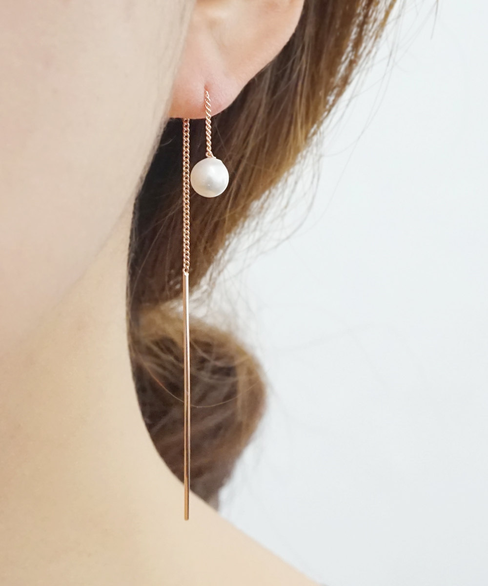 Rose Gold Pearl Curve Threader Earrings,sterling Silver,chain Earrings