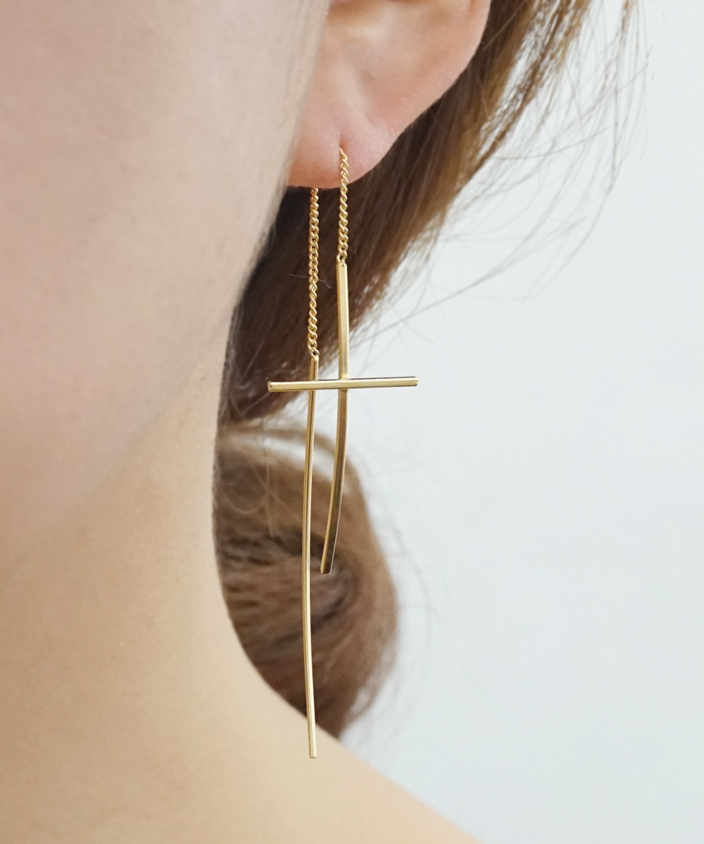 Gold Simple Cross Threader Earrings,sterling Silver,chain Earrings